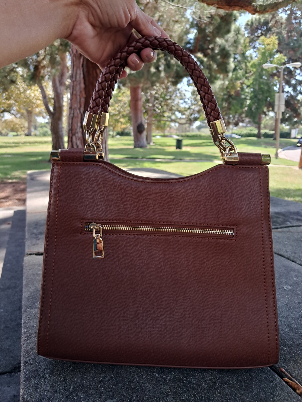 Miztique Brown Braided-Handle Satchel with Gold Hardware